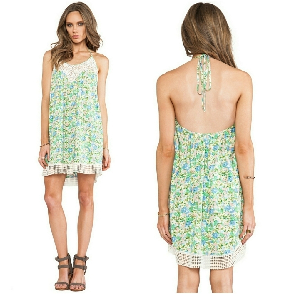 JPB // retro-vibe floral print crochet-lace strappy halter mini dress